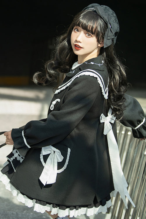 Black Horn Button Suit Collar Lantern Sleeves Back Bow Sweet Lolita Coat