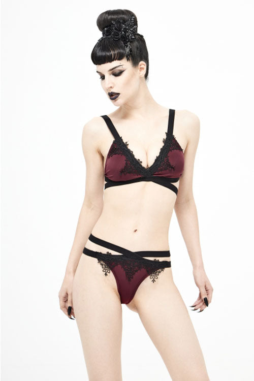 Black Red Lace Cross Strap Burgundy Gothic Swimsuit Set