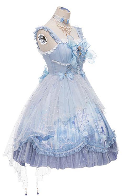 Blue Ruffled Stitching Seam 3D Print Sweet Lolita JSK Dress