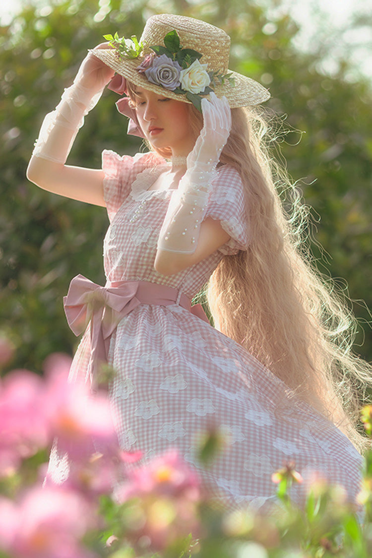 Pink Short Sleeve Floral Print Plaid Pattern Sweet Lolita Dress