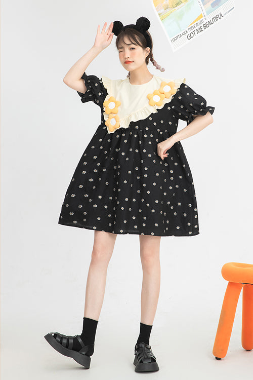 Black Ruffled Splicing Round Collar Bubble Short Sleeves Floral Print High Waisted Sweet Lolita Dress