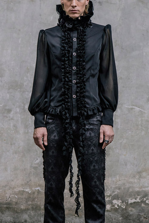 Black High Collar Lace Up Dovetail Hem Mens Gothic Blouse