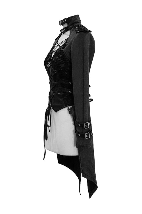 Black Spiked Zipper Up Punk Mesh Womens Coat With Loops