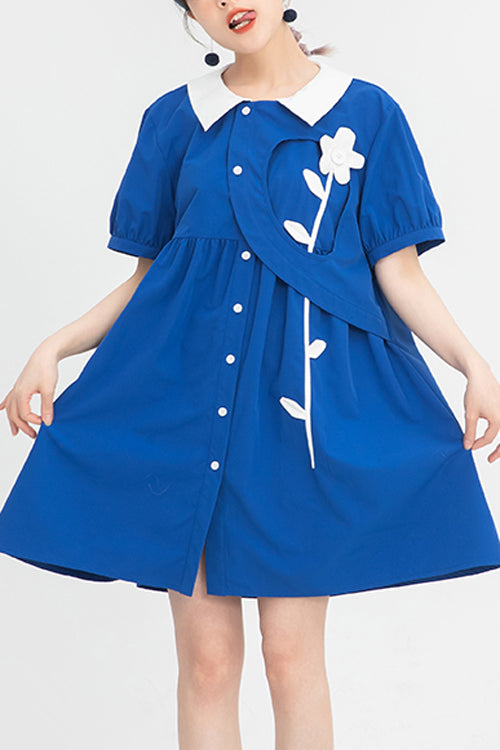 Blue Lapel Collar Short Sleeve High Waist Single Breasted Sweet Lolita Dress