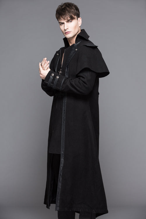 Black Fake Two Pieces High Collar Woollen Mens Gothic Long Coat