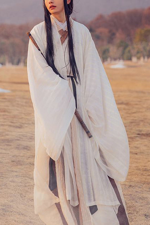 ベージュ中国風の古代衣装騎士ワイドスリーブクラシックメンズ漢服フルセット