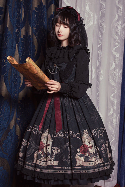 Black Nightingale Rose Print Bowknot Ruffled Strapless Gothic Lolita JSK Dress