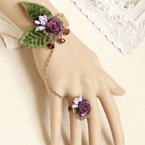 Purple Retro Personality Rose Leaves Hemp Rope Female Lolita Ring Bracelet