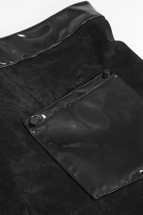 Black Fringe Patent Leather Spliced Punk Leggings Womens Pants