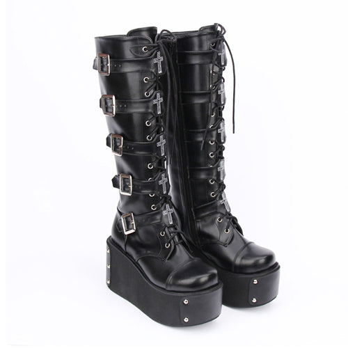 Schwarze Lolita-Stiefel mit hohem Plateau und Kreuzverzierung