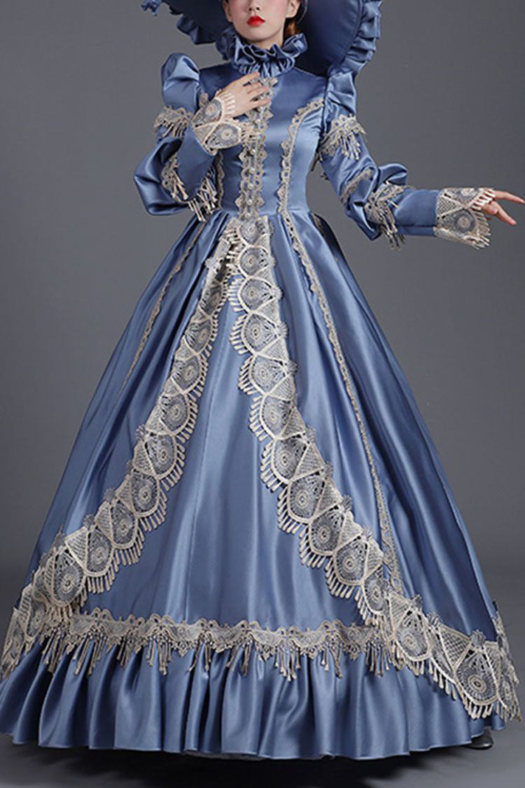 Blue High Collar Long Sleeves High Waisted Hollow Embroidery Floral Print Ruffled Victorian Lolita Prom Dress