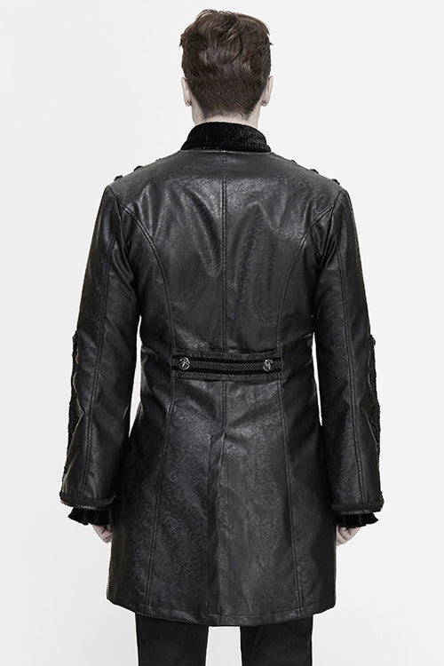 Black V Collar Wide Sleeves Swallowtail Fitted Leather Mens Gothic Coat