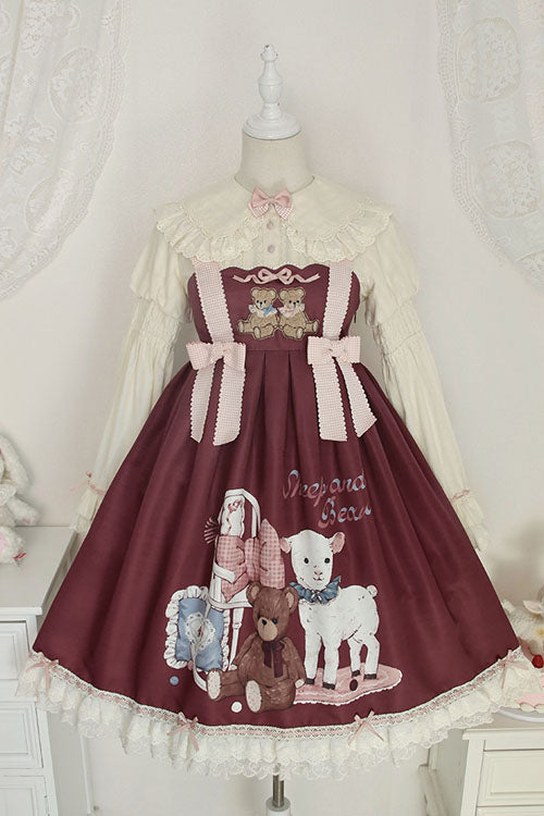 Wine Sheep & Bear Print Alice Girl Bowknot Ruffled Sweet Lolita JSK Dress