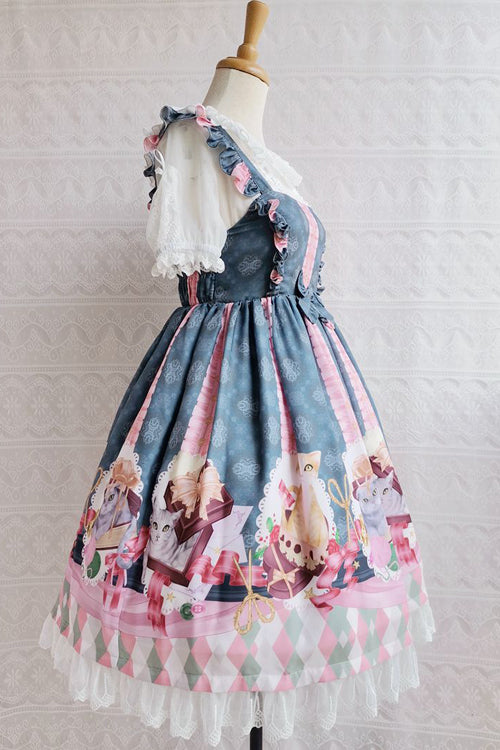 Chocolate Cat Print Ruffled High Waisted Sweet Lolita JSK Dress