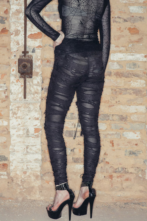Black Leather Broken Holes Coated Knit Womens Pants