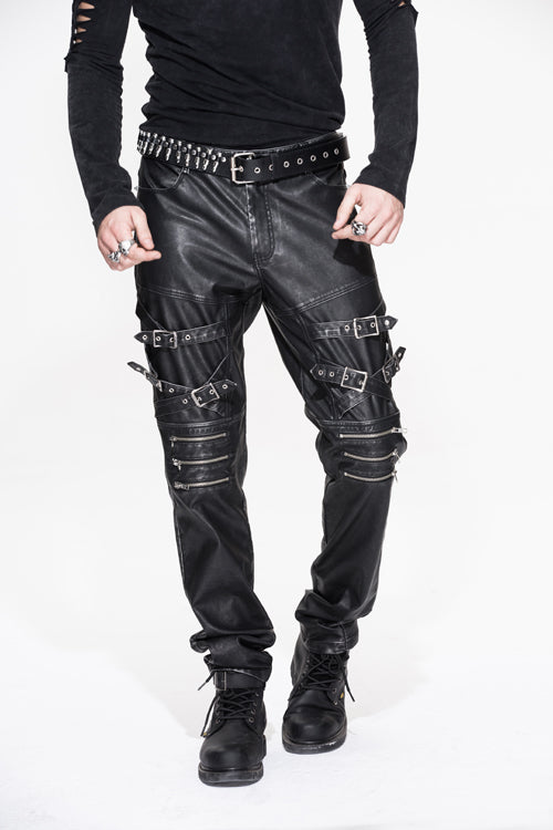 Black Punk Rock Biker Multi Loops Silver Zipper Hand Rubbed Leathers Mens Pants