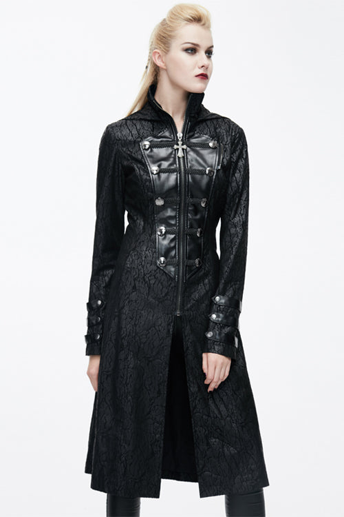 Black Punk Hooded One Side Shawl Gothic Pattern Womens Leather Long Coat