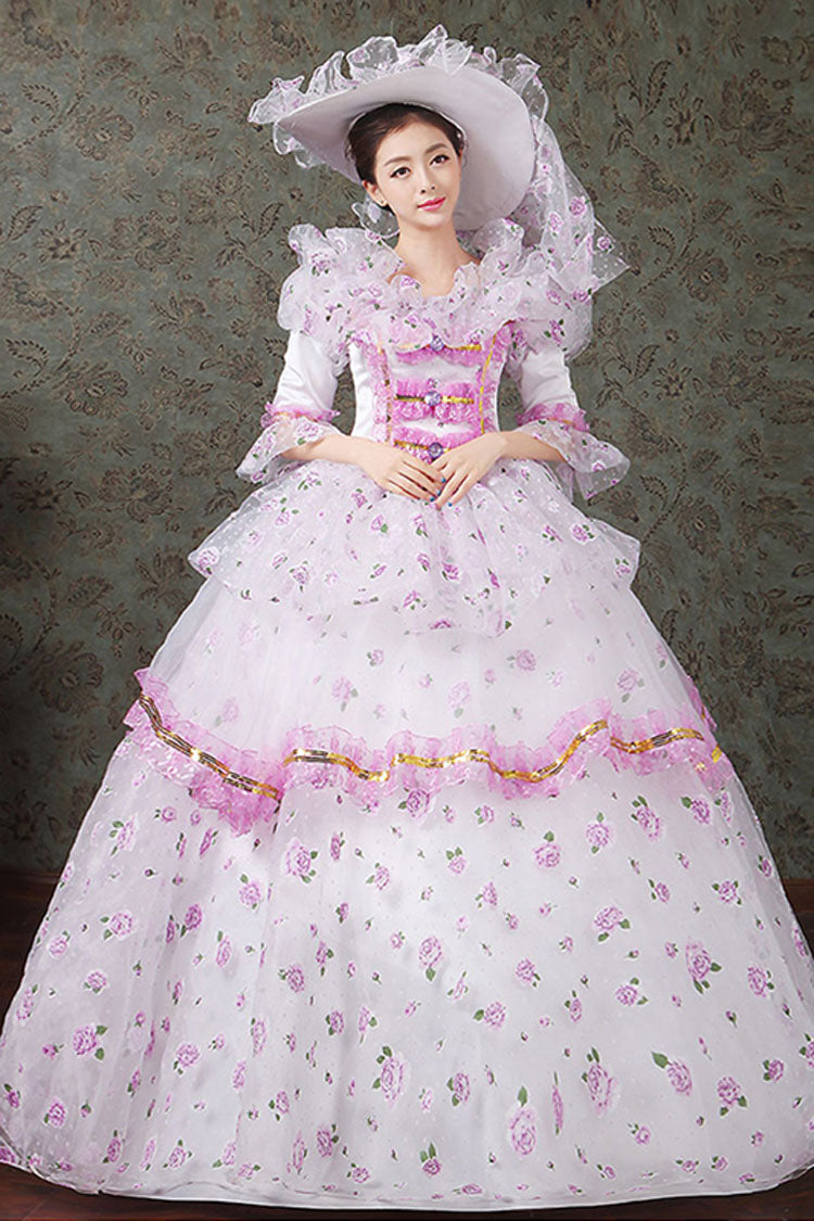 Half Sleeves Diamond Button High Waisted Hollow Embroidery Floral Print Multi-Layer Victorian Lolita Prom Dress