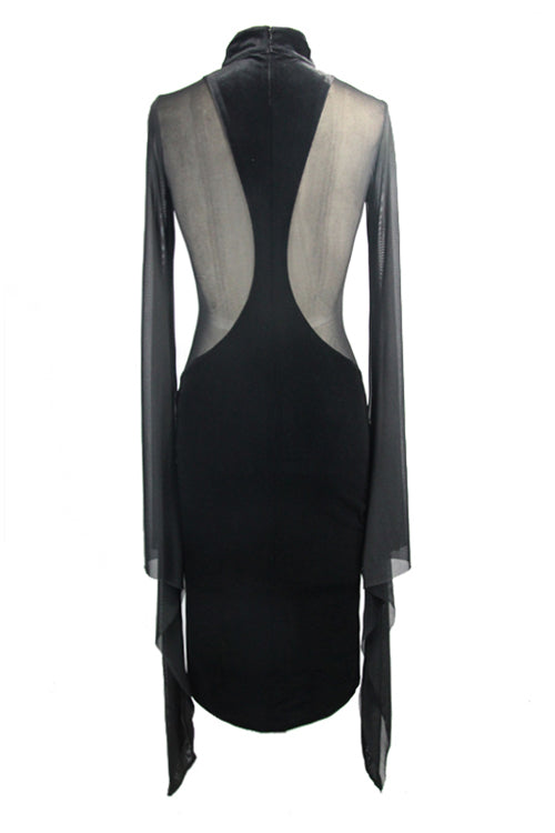 Black Gothic Cross Shape Stand Collar Flared Sleeves Sexy Stretchy Velvet Womens Dress