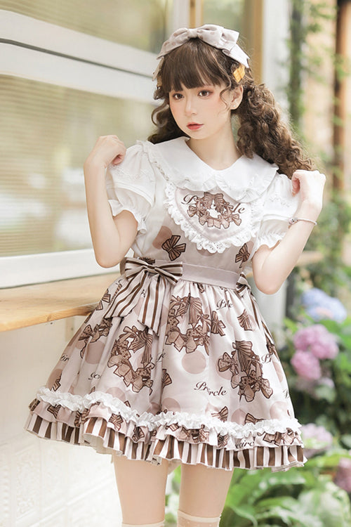 Brown Chocolate Wreath Print Sweet Lolita Strap Dress