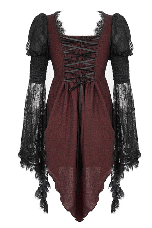 Schwarze Gothic-Lolita-Bluse mit Trompetenärmeln aus Spitze für Damen