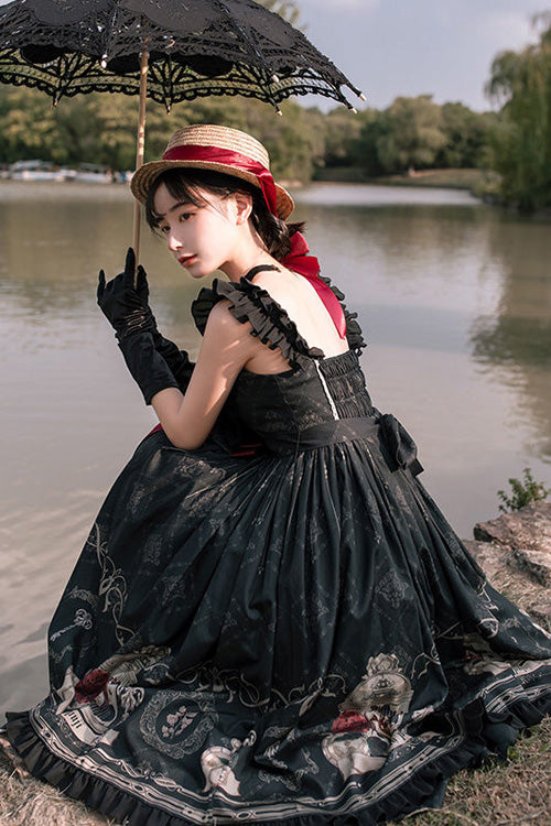 Schwarzes, trägerloses Gothic-Lolita-JSK-Kleid mit Nachtigall-Rosen-Print und Schleife