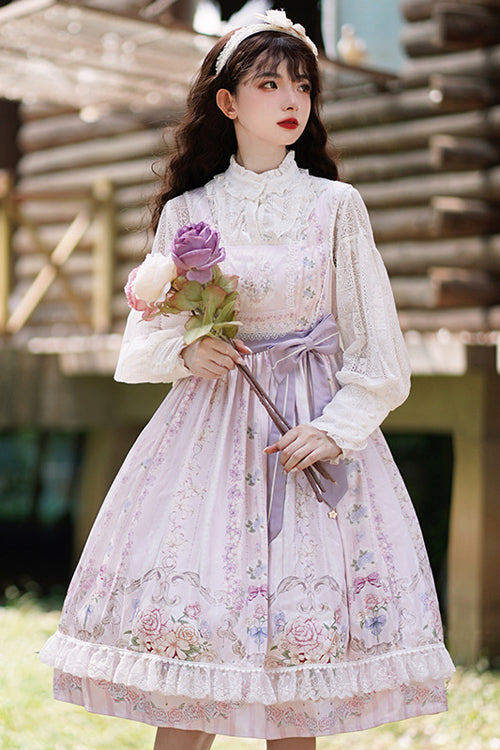 Purple Flower Wall Print High Waist Sweet Lolita JSK Dress