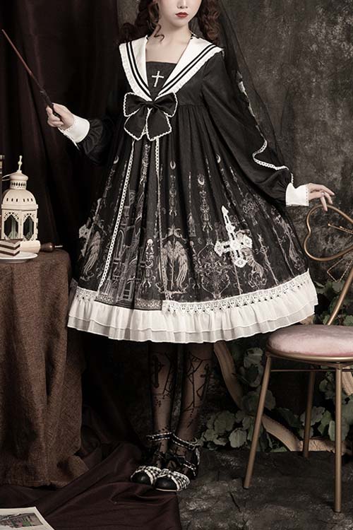 Black With Bow ON Chest Cross Print Gothic Lolita OP Dress