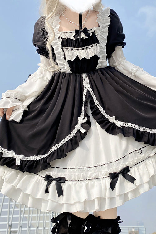 Black/White Ruffled Long Sleeves Detachable Trumpet Sleeves High Waisted Sweet Lolita OP Dress