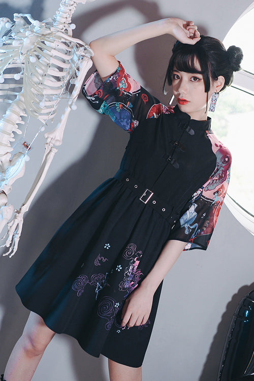 Schwarzer Stehkragen Hundred Ghosts Night Walk Bunter Druck Kurze Ärmel Hohe Taille Süßes Lolita-Kleid