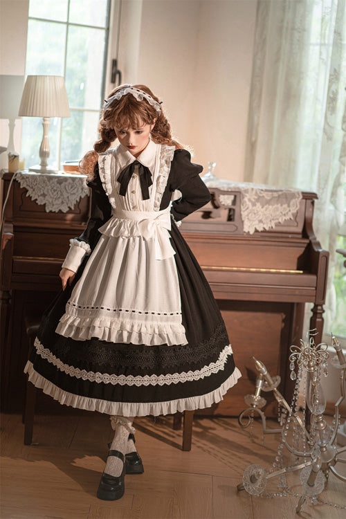 Black Lapel Collar Bowknot Long Sleeves Ruffled Sweet Lolita Maid OP Dress (Apron is included)