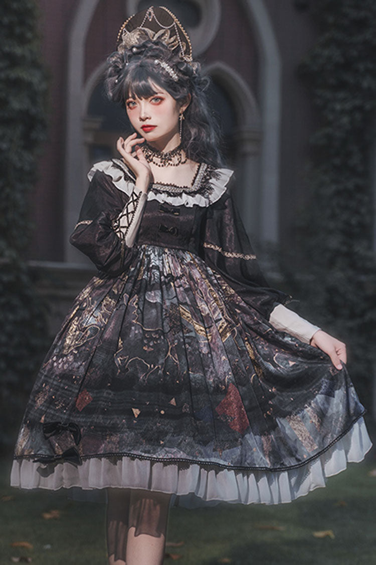 ブラック長袖ミストプリントクラシックロリータOPドレス