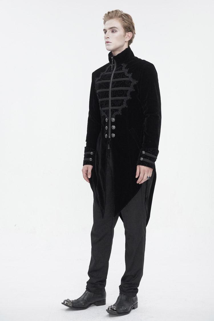 Black Stand Collar Lace Splice Swallow Tailed Men's Gothic Coat