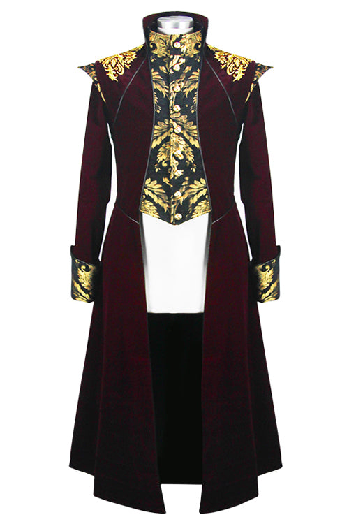 Gothic Embroidery Wine Fleece Mens Long Coat