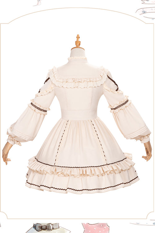 Beige Lantern Sleeves Multi-Layer Ruffled Removable Sweet Lolita OP Tiered Dress