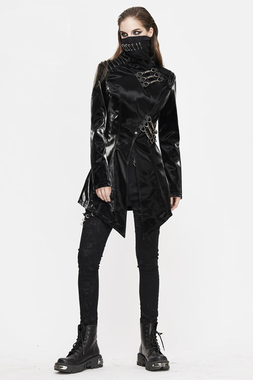 Black High Collar Slim Leather Womens Punk Coat