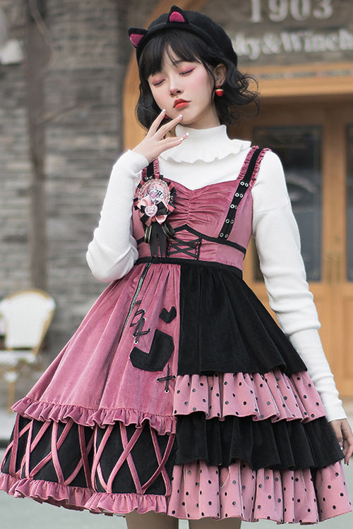 Pink/Black Vintage Stitching Strawberry Sweet Lolita JSK Dress