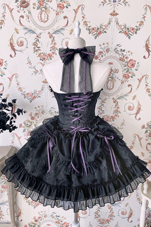 Black Purple Tube Top Sleeveless Blowknot Ruffled Gothic Lolita Tiered Dress