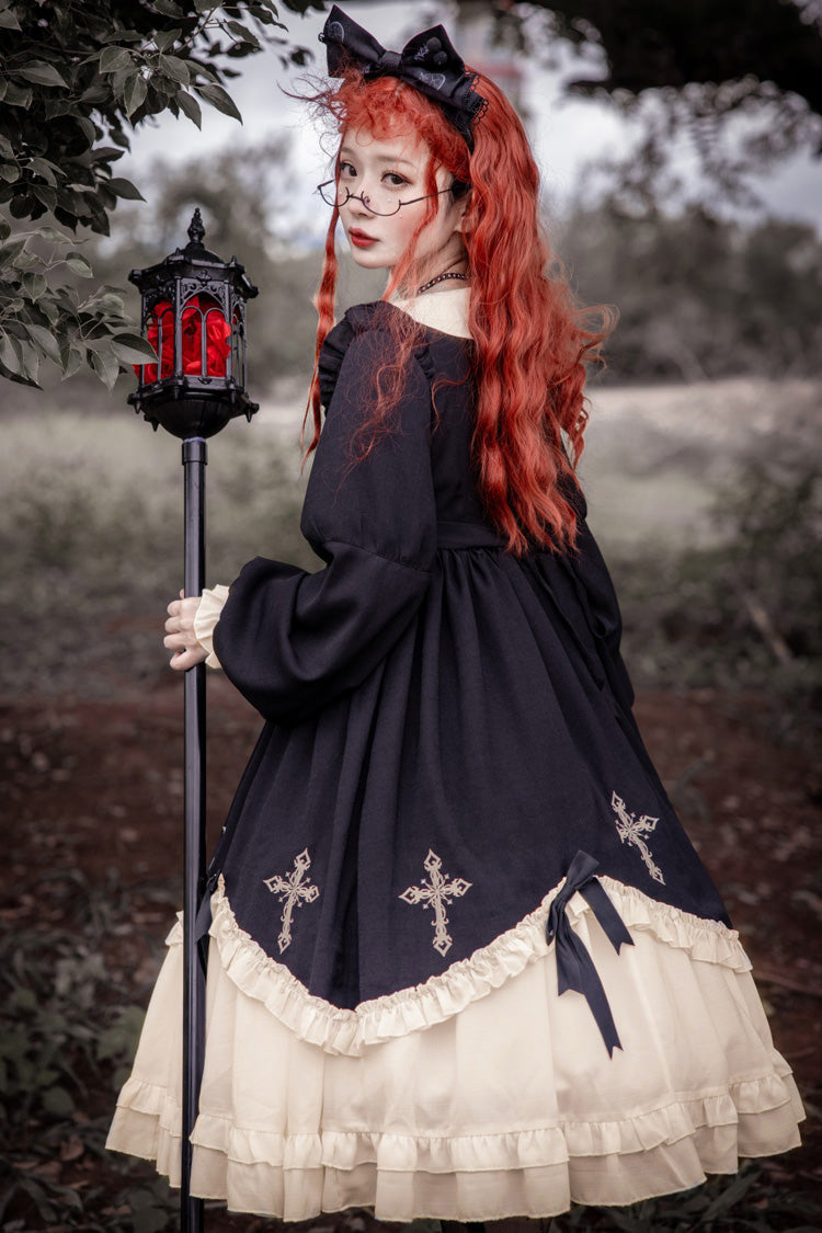 Retro Doll Collar Chest Bow Cross Embroidery Print Dark Girl Gothic Lolita OP Dress