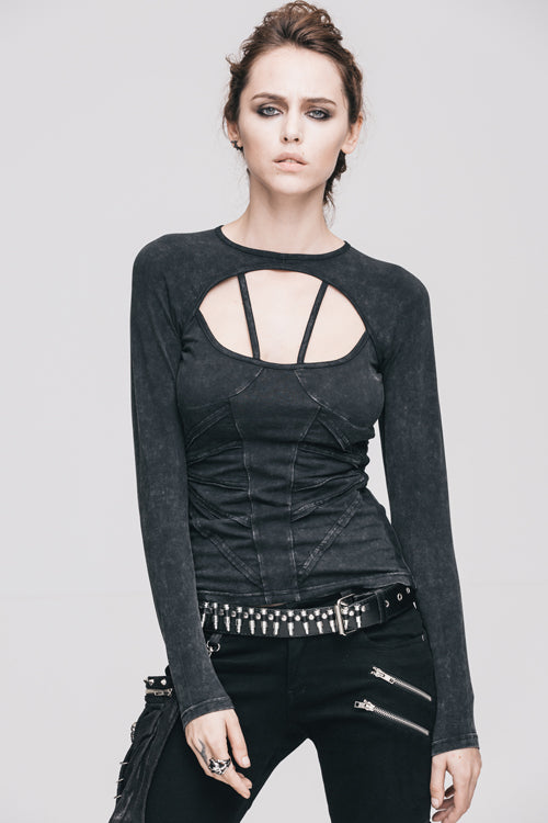 Black Hollow Out Long Sleeves Womens Punk Straps T-Shirt