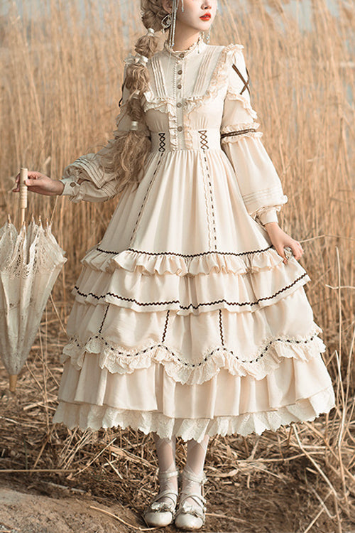 Beige Lantern Sleeves Multi-Layer Ruffled Removable Sweet Lolita OP Tiered Dress