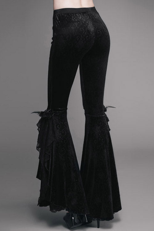 Black Gothic Lace Hem Embossed Velvet Flare Womens Pants