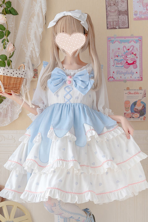 White/Blue Multi-Layer Ruffled High Waist Sweet Lolita Layered JSK Dress