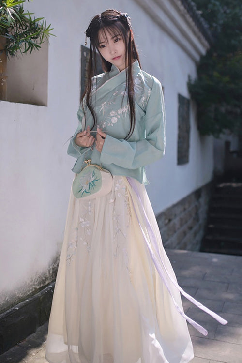 Green Chinese Ancient Style Han Dynasty Plum Embroidery Sweet Hanfu Dress Two Piece