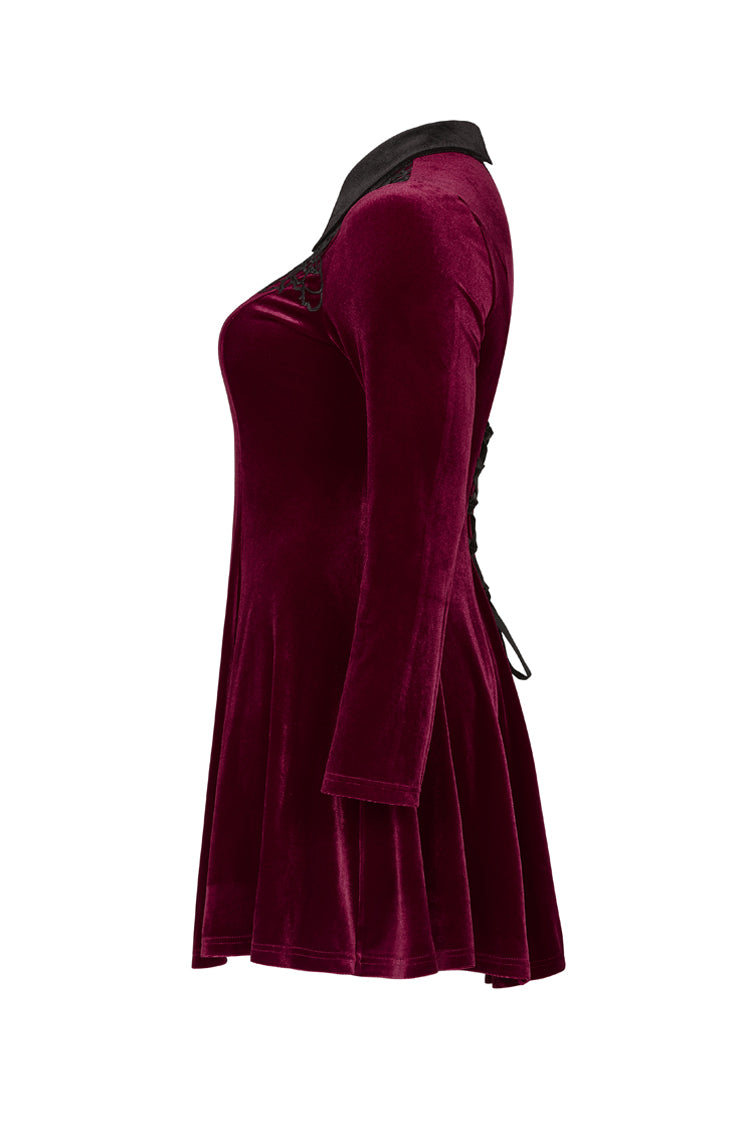 Red Velvet Front Chest Hollow-Out Decals Back Lace-Up Long Sleeve Plus Size Women's Gothic Dress