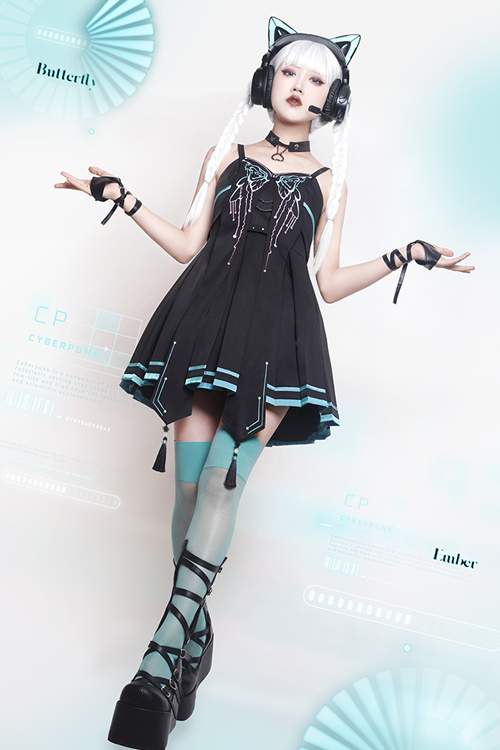 Black Sense Of Technology Butterfly Ember High Waisted Gothic Lolita JSK Dress Full Set