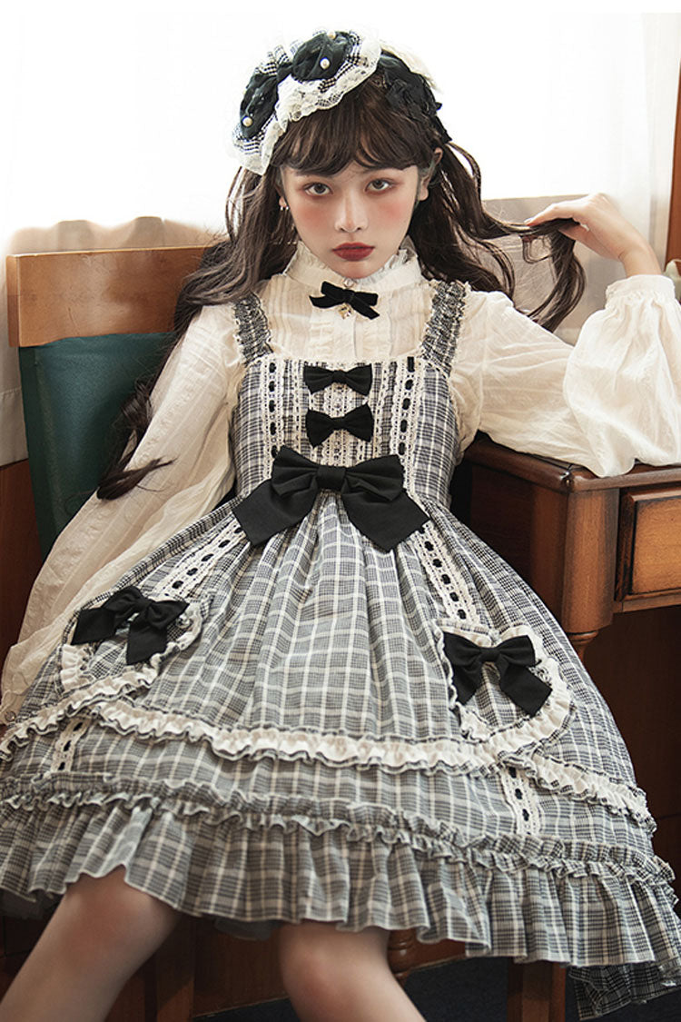 Black/White High Waist Bowknot Ruffled Plaid Sweet Lolita JSK Dress