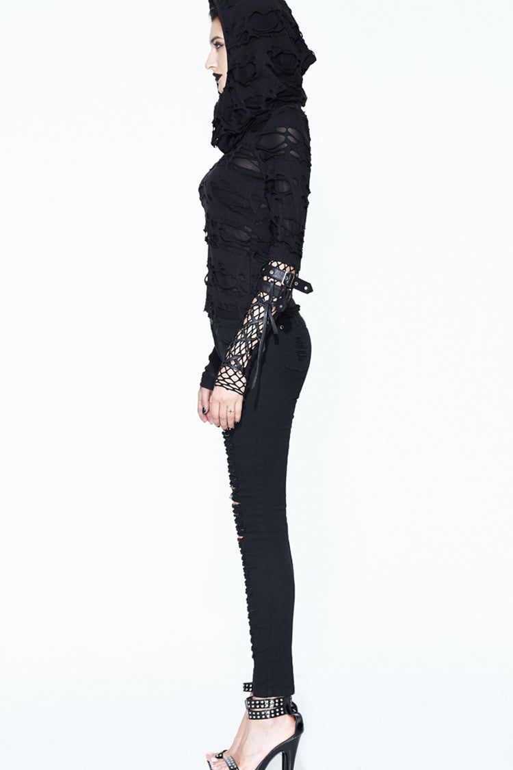 Black Hooded Ripped Finger Covered Splice Mesh Leather Loop Lace Up Women's Punk Shirt