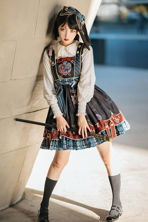 Black Vintage College Badge Print Sweet Lolita JSK Dress