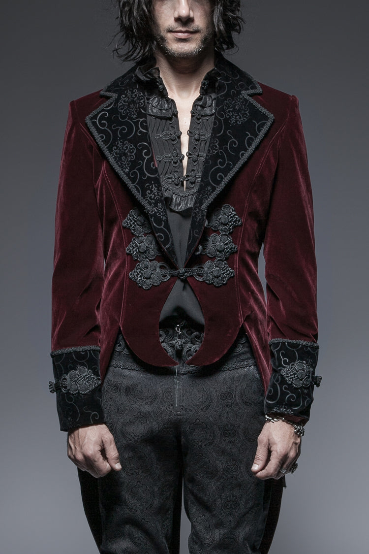 Red Embroidery Swallowtail Hem Mens Gothic Victorian Coat
